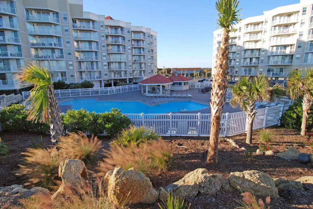 A resort-style swimming pool surrounded by palm trees and manicured landscaping, set against the backdrop of the building's facade. The tranquil atmosphere invites guests to relax, swim, or socialize outdoors, echoing the feel of a year-round retreat.